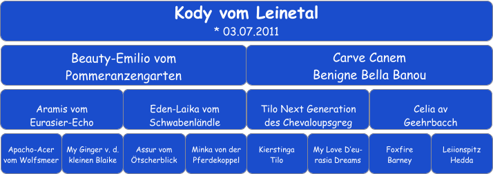 Kody vom Leinetal * 03.07.2011 Beauty-Emilio vom Pommeranzengarten Carve Canem Benigne Bella Banou Aramis vom Eurasier-Echo Eden-Laika vom Schwabenländle Tilo Next Generation des Chevaloupsgreg Celia av Geehrbacch Apacho-Acer vom Wolfsmeer My Ginger v. d. kleinen Blaike Assur vom Ötscherblick Minka von der Pferdekoppel Kierstinga Tilo Foxfire Barney My Love D’eu-rasia Dreams Leiionspitz Hedda